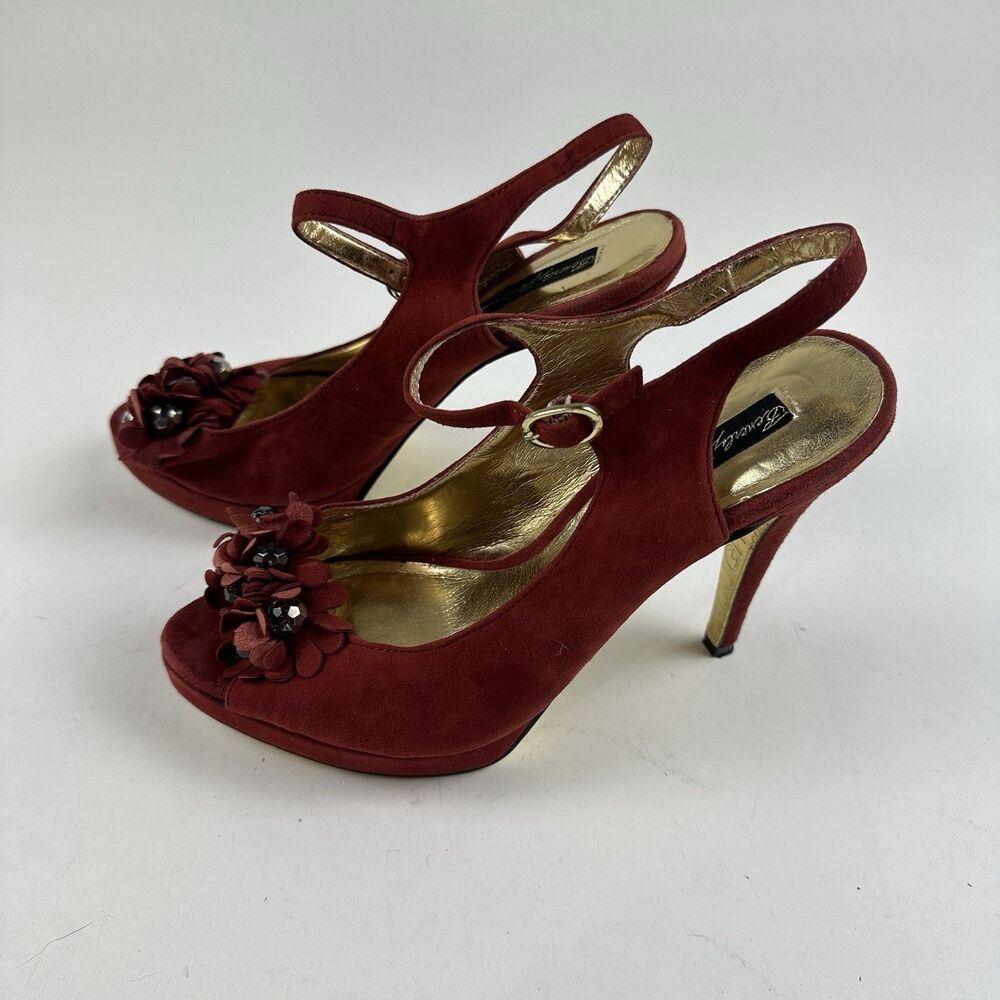 Vintage Beverly Feldman Open Toe Platform Heels 7.5 Red Suede Sandals